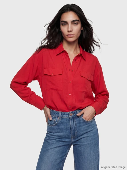 LCW Vision Kırmızı Modal Karışımlı Oversize Kadın Gömlek ürün görseli 1