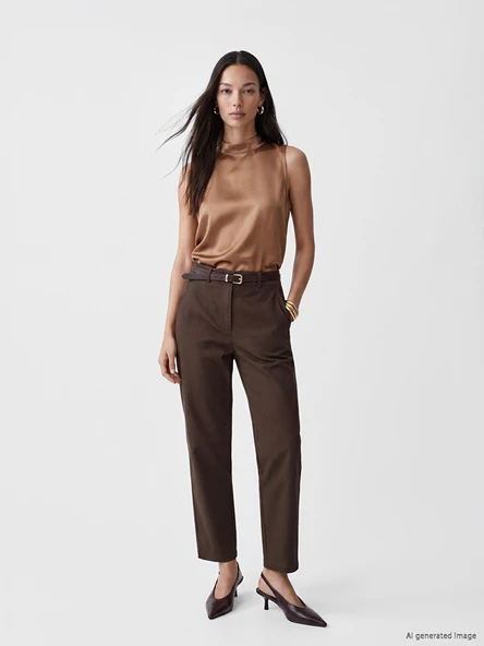 LCWAIKIKI Classic Kahverengi Beli Kemerli Gabardin Kadın Pantolon ürün görseli 1
