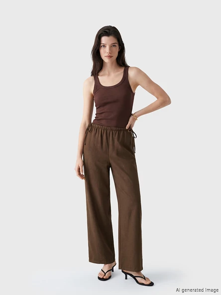 LCW Comfort Kahverengi Beli Lastikli Keten Karışımlı Kadın Pantolon ürün görseli 1