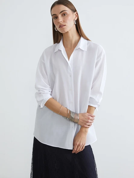 LC WAIKIKI Beyaz Oversize Poplin Kadın Gömlek Tunik ürün görseli 1