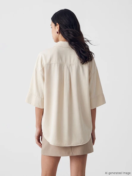LCW Jeans Bej Oversize Kadın Jean Gömlek - Resim 4