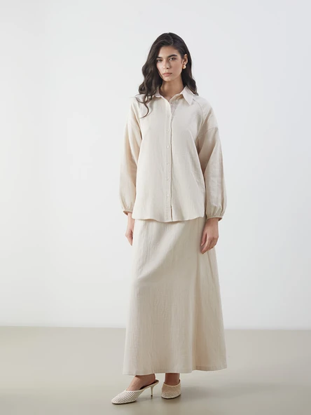 LCW Modest Bej Oversize Müslin Kadın Gömlek - Resim 2