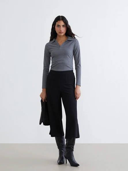 LCW Modest Siyah Beli Fermuarlı Geniş Paça Kadın Pantolon ürün görseli 1