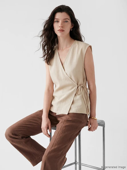 LCW Comfort Bej Kruvaze Yaka Bluz ürün görseli 1