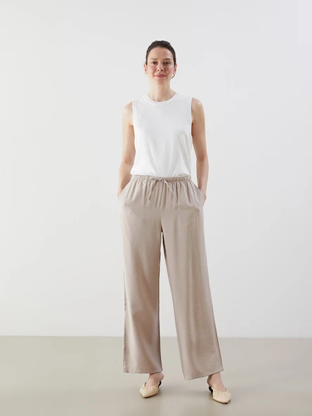 LCW Comfort Bej Beli Lastikli Geniş Paça Kadın Pantolon ürün görseli 1