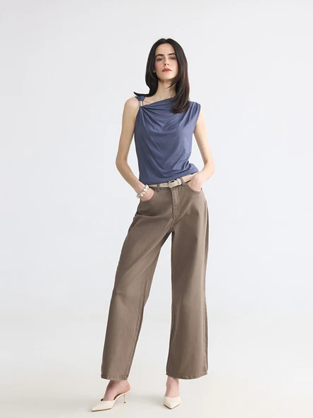 LCW EVERYDAY Kahverengi Beli Kemerli Wideleg Kadın Jean Pantolon ürün görseli 1