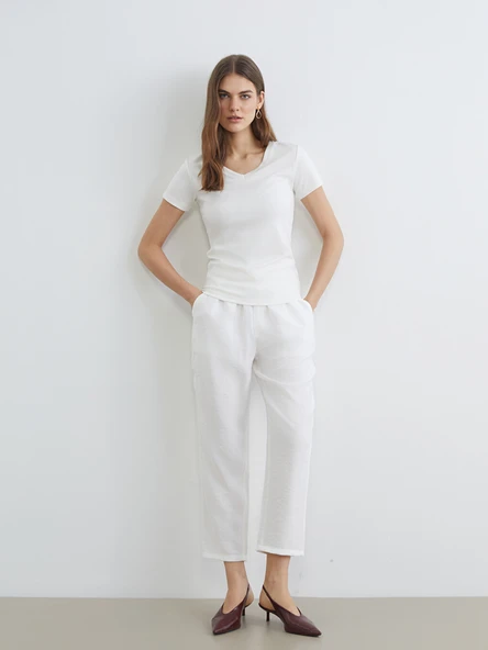 LCW EVERYDAY Ekru Beli Lastikli Kadın Pantolon ürün görseli 1