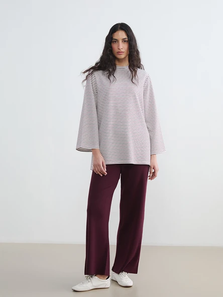 LCW Modest Bordo Beli Lastikli Geniş Paça Kadın Triko Pantolon ürün görseli 1