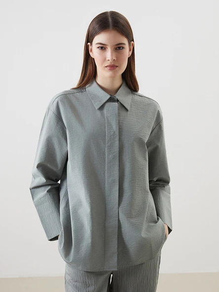 LCW Modest Haki Oversize Poplin Kadın Gömlek Tunik ürün görseli 1