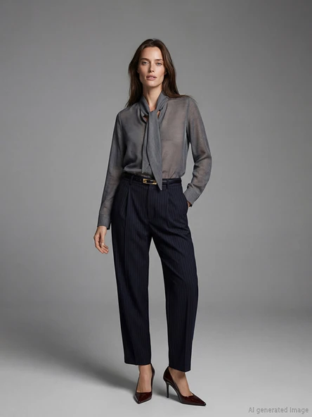 LCW Vision Lacivert Loose Fit Çizgili Kadın Kumaş Pantolon ürün görseli 1