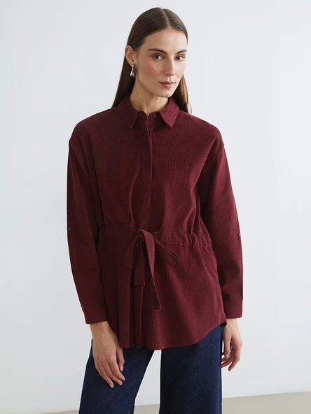 LCWAIKIKI Classic Bordo Beli Kuşaklı Kadın Kadife Gömlek Tunik ürün görseli 1