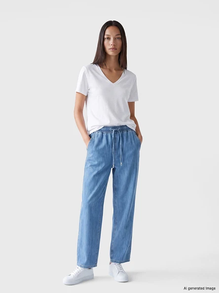 LCW Jeans İndigo Beli Lastikli Balloon Fit Kadın Jean Pantolon ürün görseli 1