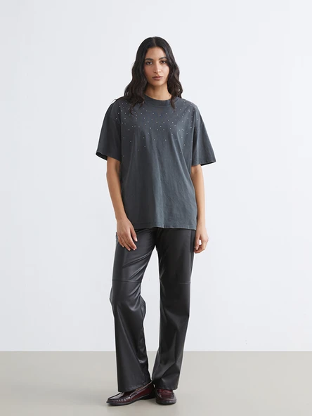 LCW Modest Siyah Regular Fit Deri Görünümlü Kadın Pantolon ürün görseli 1
