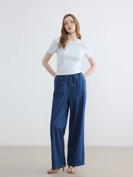 LCW Modest İndigo Beli Lastikli Wideleg Kadın Jean Pantolon ürün görseli 1
