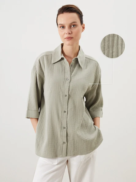 LCW Comfort Haki Oversize Dokulu Kadın Gömlek ürün görseli 1