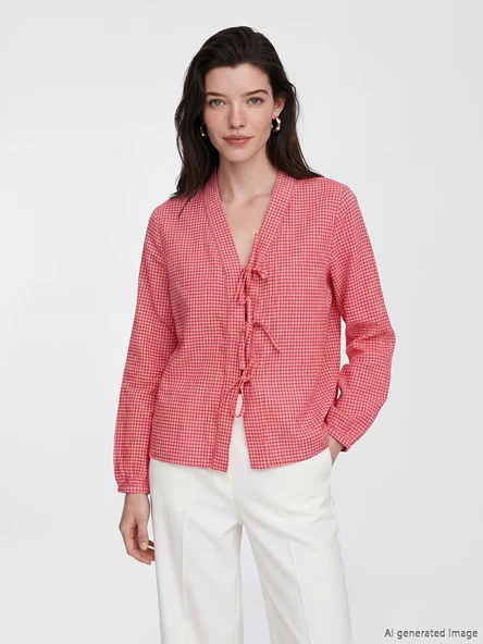 LCW Comfort Pembe V Yaka Ekose Bağlamalı Bluz ürün görseli 1