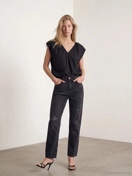 LCW Vision Siyah Straight Fit Yırtık Detaylı Kadın Jean Pantolon ürün görseli 1