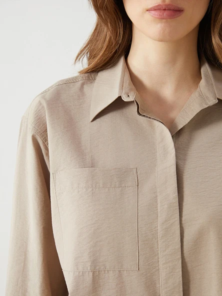 LCW Modest Bej Oversize Poplin Kadın Gömlek Tunik - Resim 3