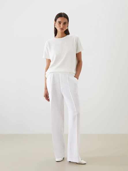 LCW Modest Beyaz Loose Fit %100 Keten Kadın Pantolon ürün görseli 1
