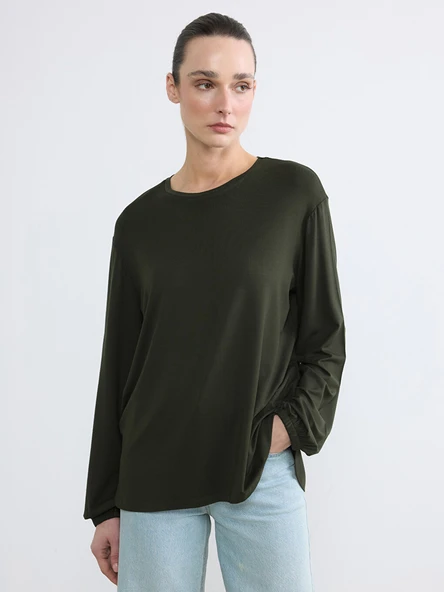 LC WAIKIKI Yeşil Bisiklet Yaka Balon Kollu Oversize Bluz ürün görseli 1