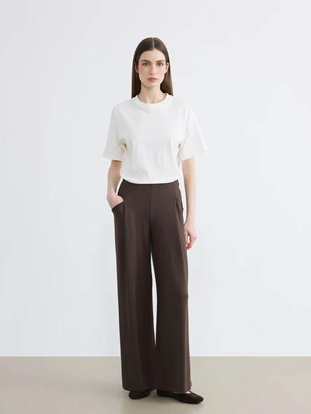 LCW Modest Kahverengi Standart Fit Geniş Paça Kadın Pileli Pantolon ürün görseli 1
