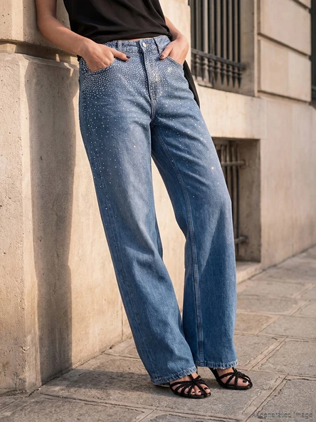 LC WAIKIKI İndigo Taşlı Straight Fit Kadın Jean Pantolon ürün görseli 1