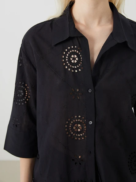 LCW Vision Siyah Oversize Kadın Gömlek - Resim 3
