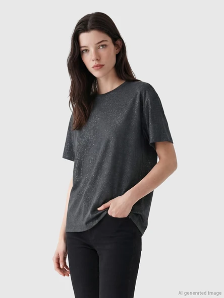 LCW Comfort Antrasit Bisiklet Yaka Desenli Bluz ürün görseli 1