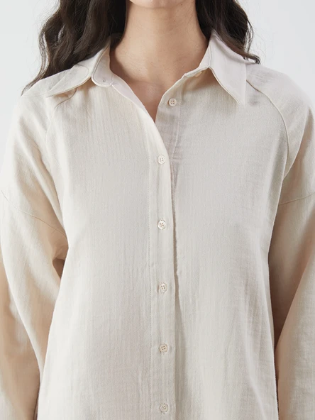 LCW Modest Bej Oversize Müslin Kadın Gömlek - Resim 3