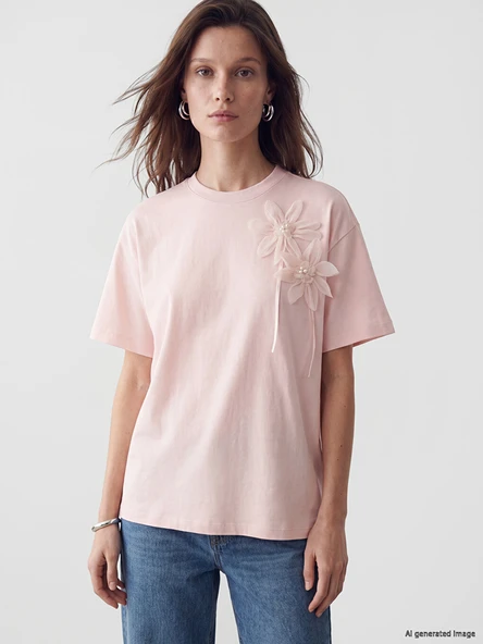 LCW Modest Pembe Bisiklet Yaka Çiçek Aplikeli Bluz ürün görseli 1