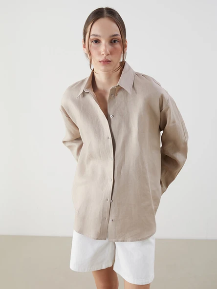 LCW Vision Bej Oversize %100 Keten Kadın Gömlek ürün görseli 1