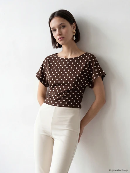 LCW Comfort Kahverengi Kayık Yaka Puantiyeli Bluz ürün görseli 1