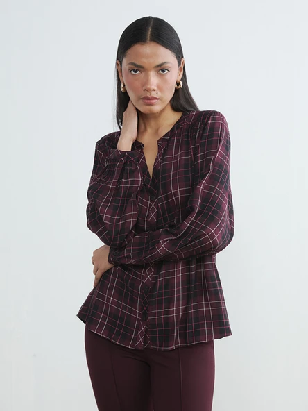 LCW EVERYDAY Bordo Kaçık Yaka Ekose Oversize Bluz ürün görseli 1