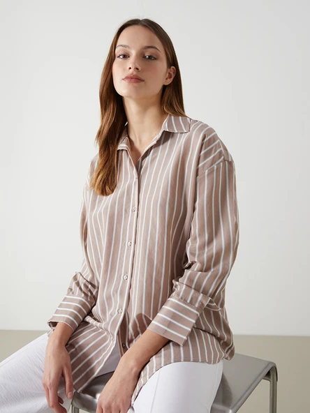LCW Modest Kahverengi Çizgili Oversize Kadın Gömlek Tunik ürün görseli 1