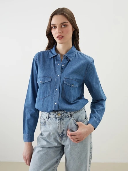 LCW Vision İndigo Loose Fit Kadın Jean Gömlek ürün görseli 1