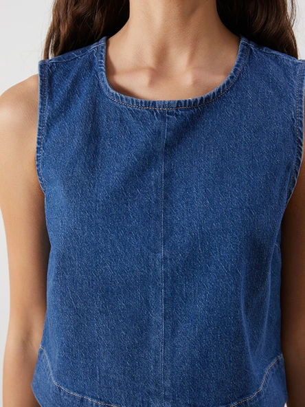 LCW Vision İndigo Bisiklet Yaka Jean Bluz - Resim 3