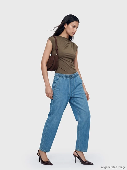 LCW Jeans İndigo Beli Lastikli Balloon Fit Kadın Jean Pantolon ürün görseli 1