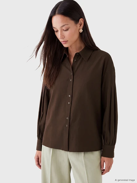 LCW Modest Kahverengi Loose Fit Pileli Kadın Gömlek ürün görseli 1
