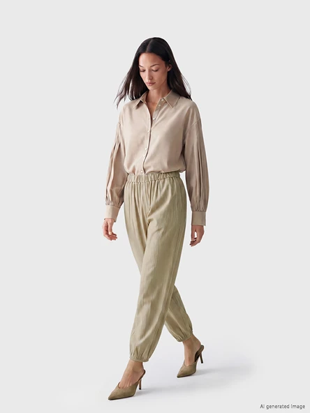 LCW Modest Ekru Beli Lastikli Kadın Jogger Pantolon ürün görseli 1