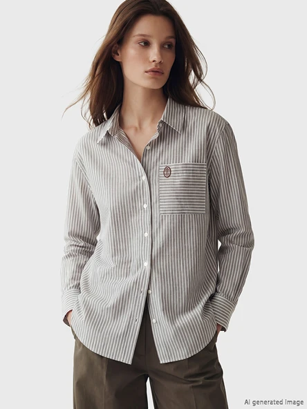 LCW Modest Kahverengi Çizgili Poplin Kadın Gömlek Tunik ürün görseli 1