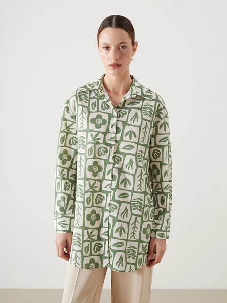 LCW Modest Yeşil Desenli Oversize Kadın Gömlek Tunik ürün görseli 1