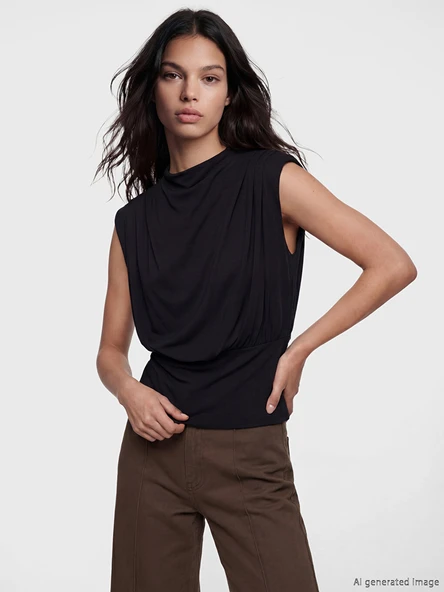 LCW Vision Siyah Dik Yaka Büzgülü Bluz Mock Neck Ruched Blouse ürün görseli 1