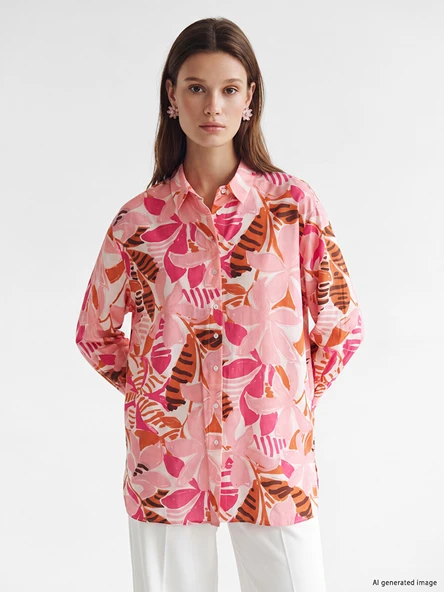 LCW Modest Pembe Desenli Oversize Kadın Gömlek Tunik ürün görseli 1