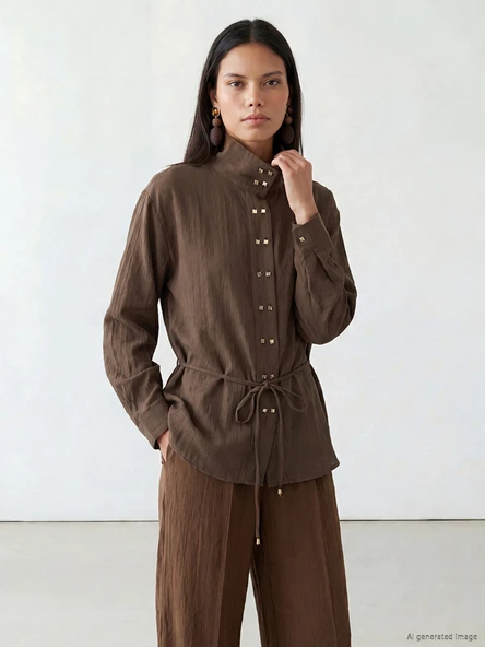 LCW Modest Kahverengi Beli Kuşaklı Modal Karışımlı Kadın Gömlek ürün görseli 1