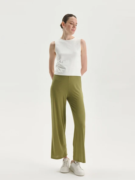 LCWAIKIKI Basic Haki Beli Lastikli Geniş Paça Kadın Pantolon ürün görseli 1