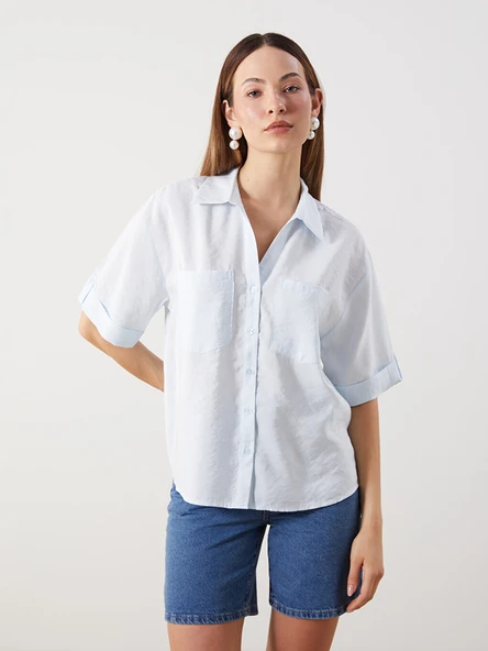 LCW Comfort Mavi Modal Karışımlı Oversize Kadın Gömlek ürün görseli 1