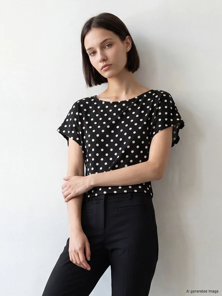 LCW Comfort Siyah Kayık Yaka Puantiyeli Bluz ürün görseli 1