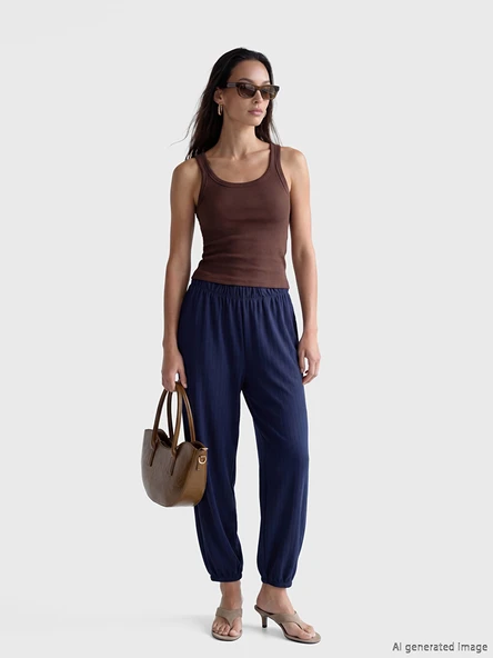 LCWAIKIKI Basic Lacivert Beli Lastikli Çizgili Kadın Jogger Pantolon ürün görseli 1