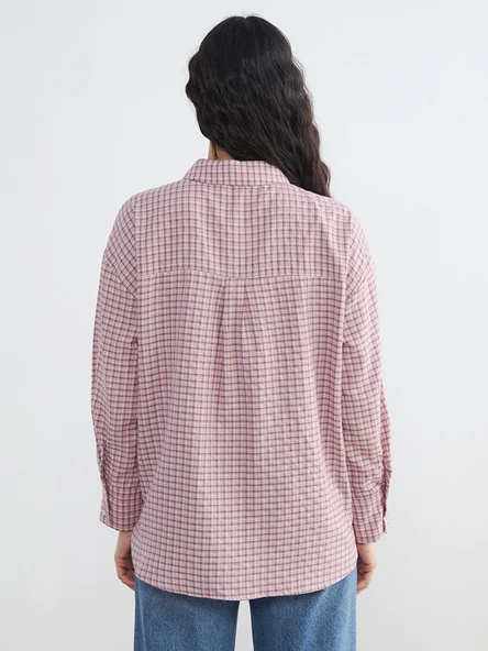 LCW Modest Pembe Ekose Kadın Gömlek - Resim 4