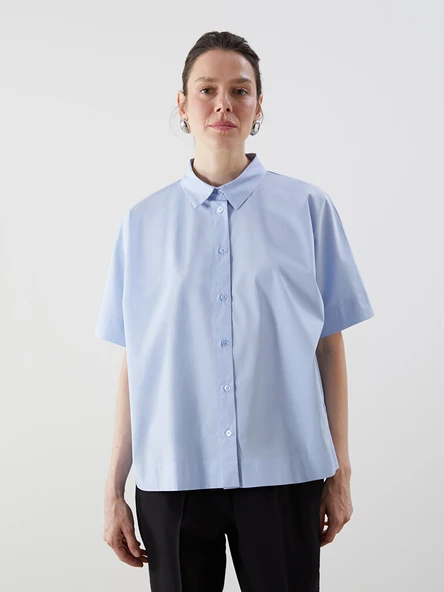 LCW Comfort Mavi Oversize Poplin Kadın Gömlek ürün görseli 1